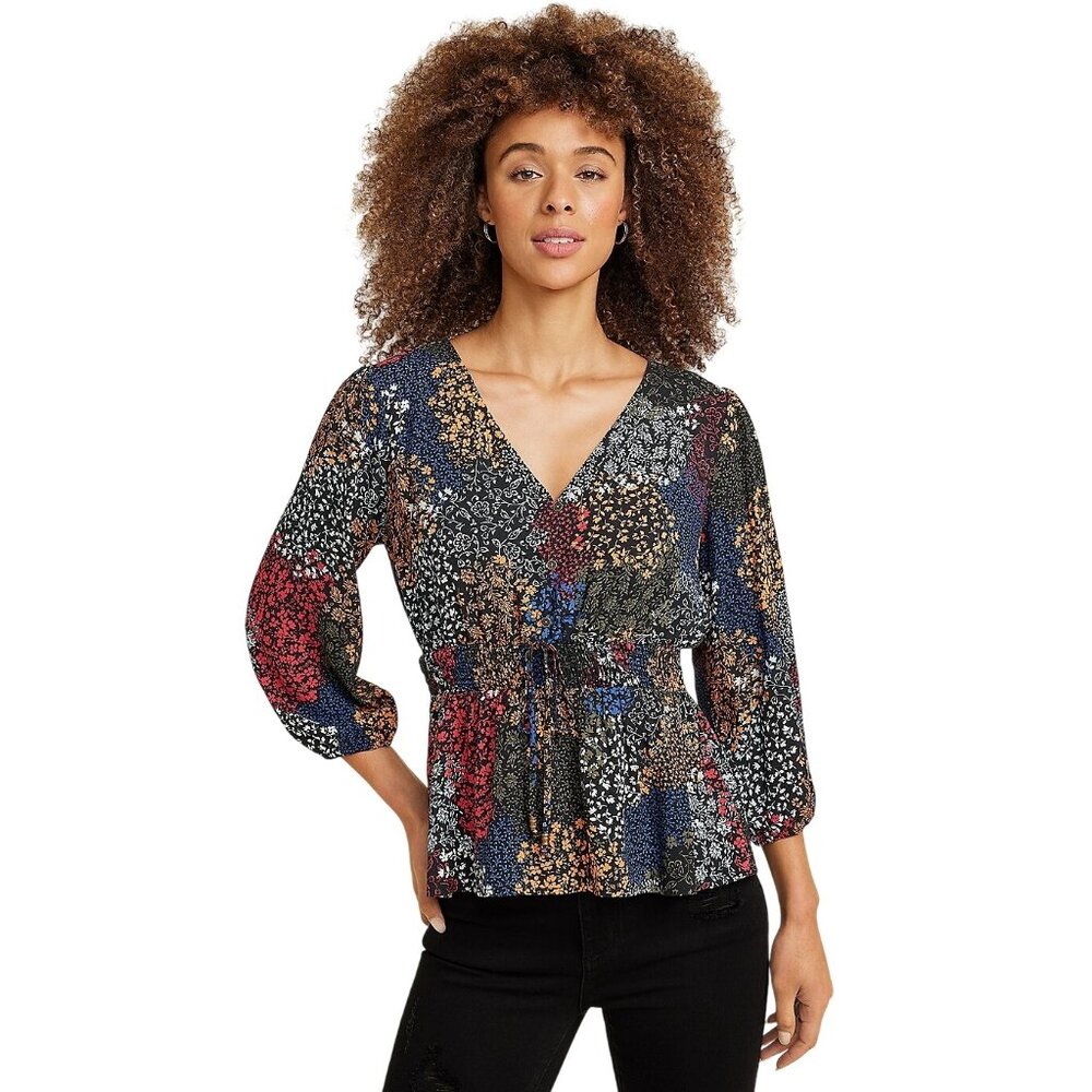 Maurices Peplum Top Size XS Floral V Neck Smocked Waist 3/4 Sleeve Boho Cottage
